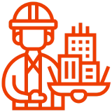 Construction worker icon with buildings