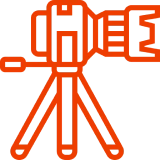 Tripod with camera icon in orange outline