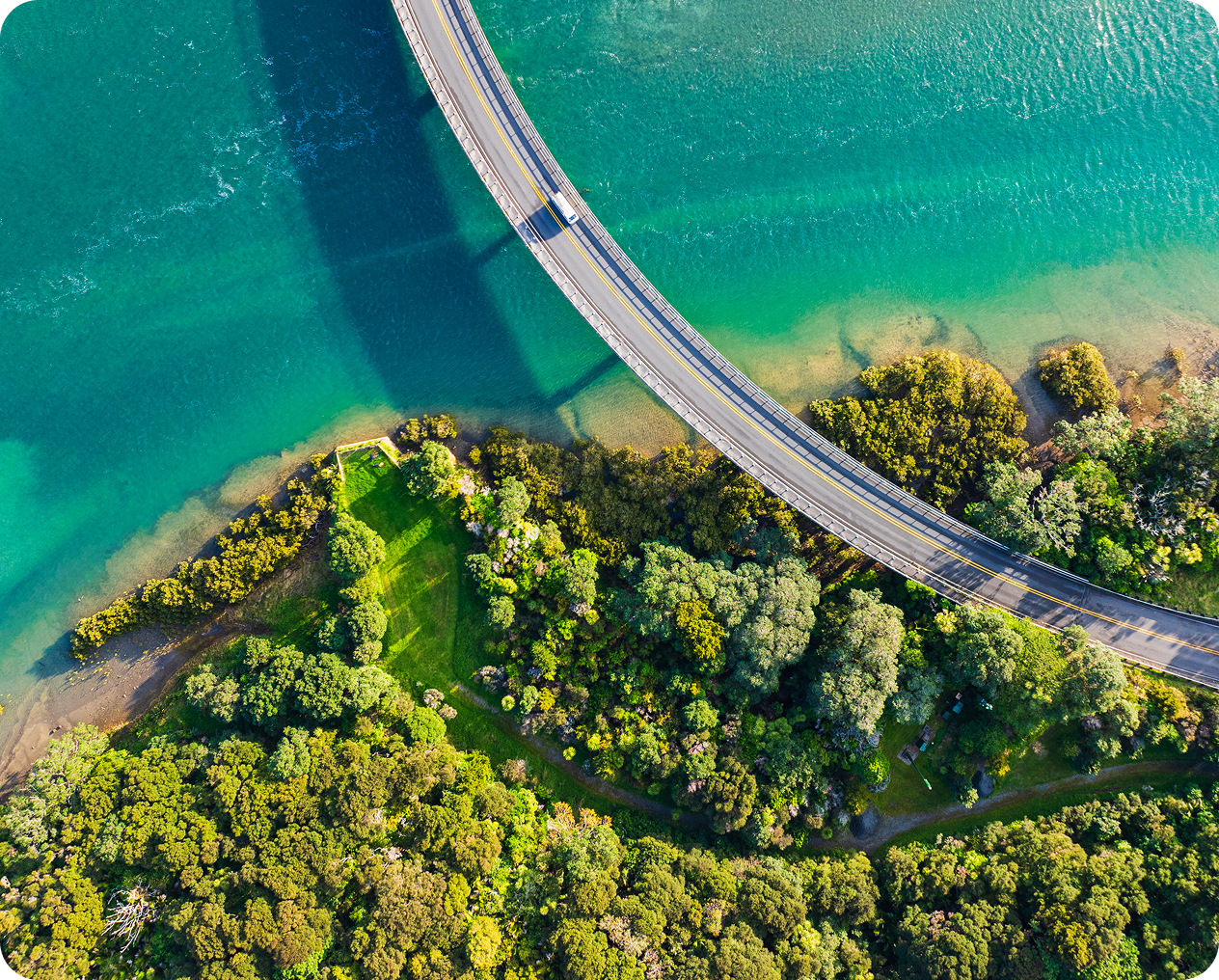 Scenic river crossing with green landscape